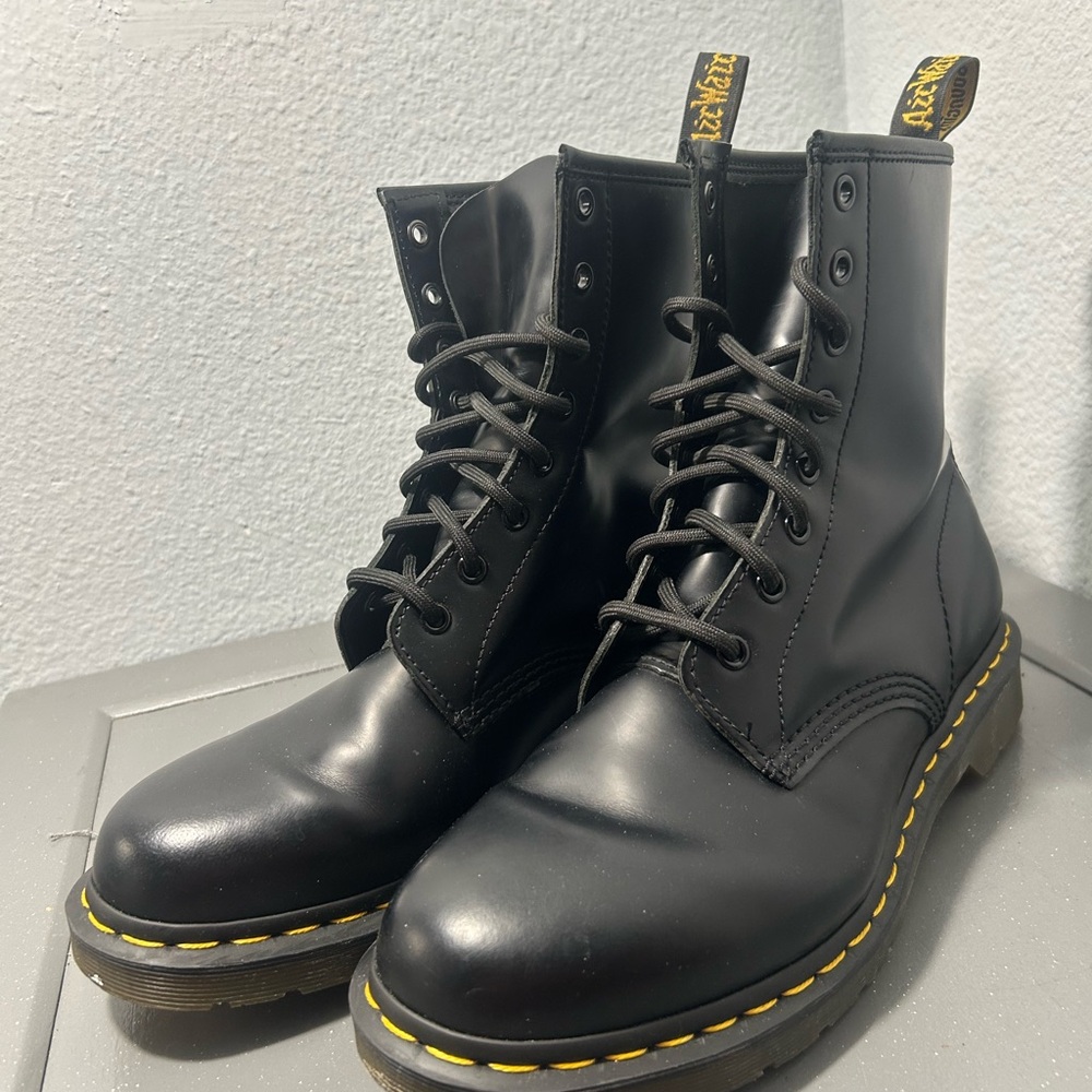 Dr. Martens 1460 Men's Black Leather Lace-Up Boots with Yellow Stitching